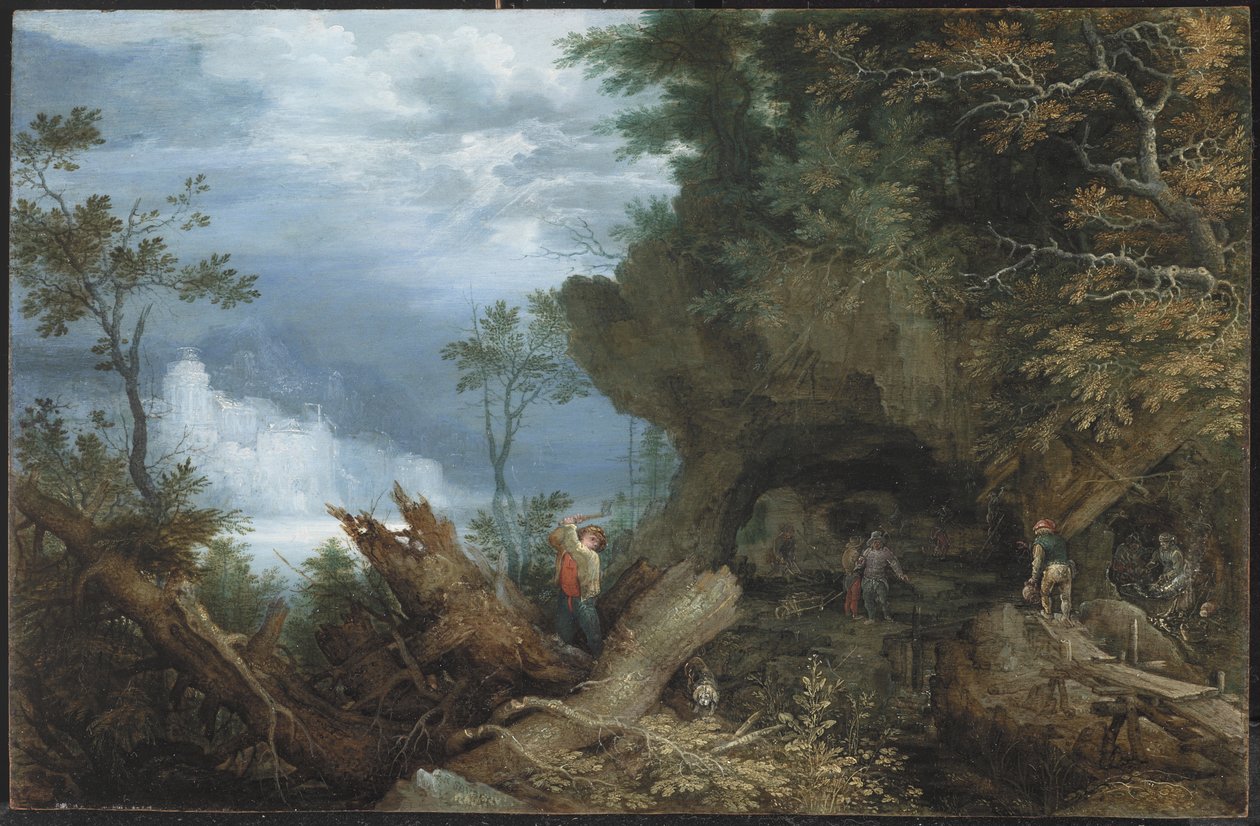 Gebirgige Landschaft mit einem Eingang zu einer Mine, ca. 1612-13 von Roelandt Jacobsz. Savery