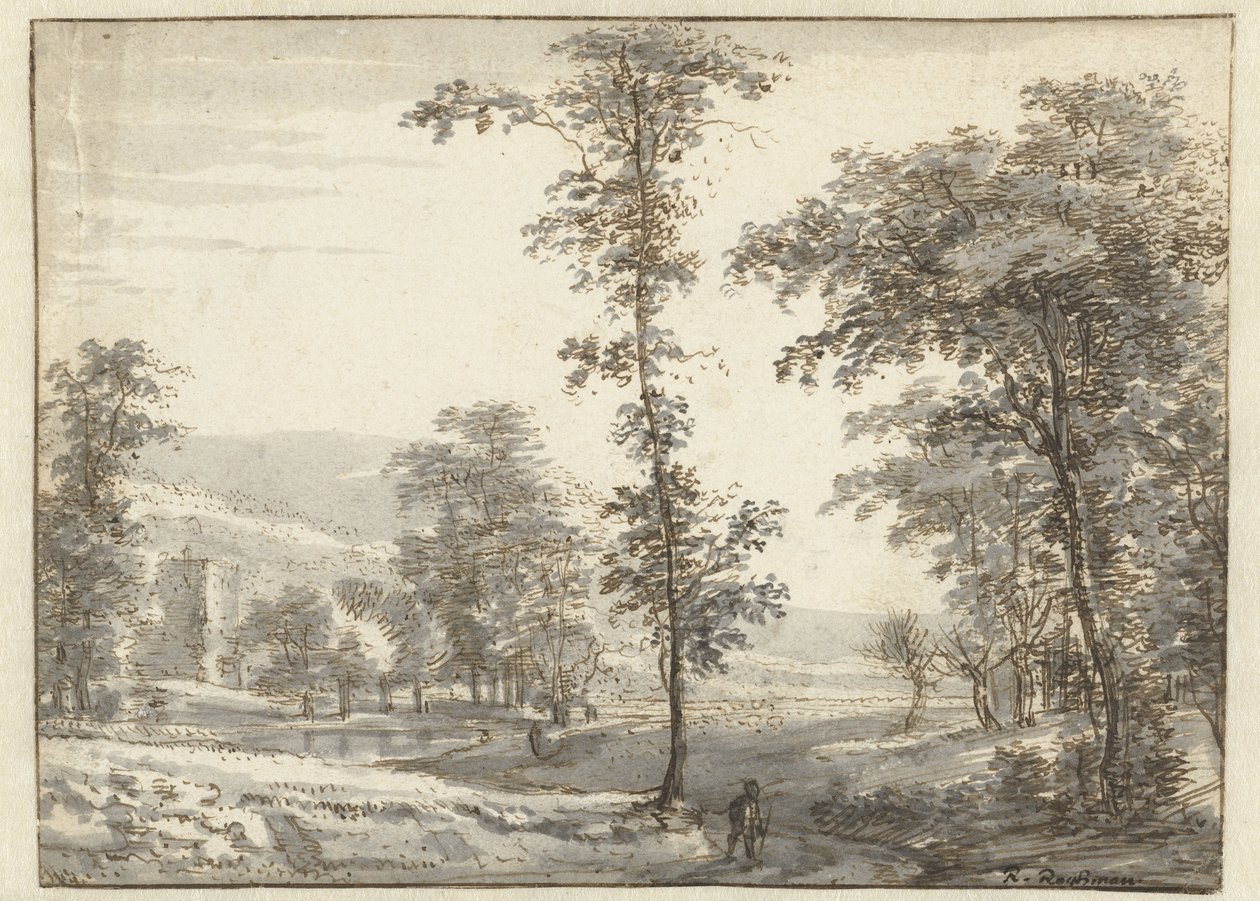 Waldlandschaft mit einem Reisenden auf einem Pfad von Roelant Roghman