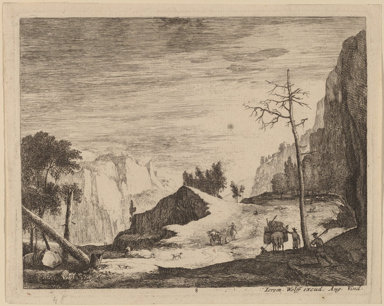 Gebirgige Landschaft mit einem Wagen (Tafel 8) von Roelant Roghman and Melchior Küsel