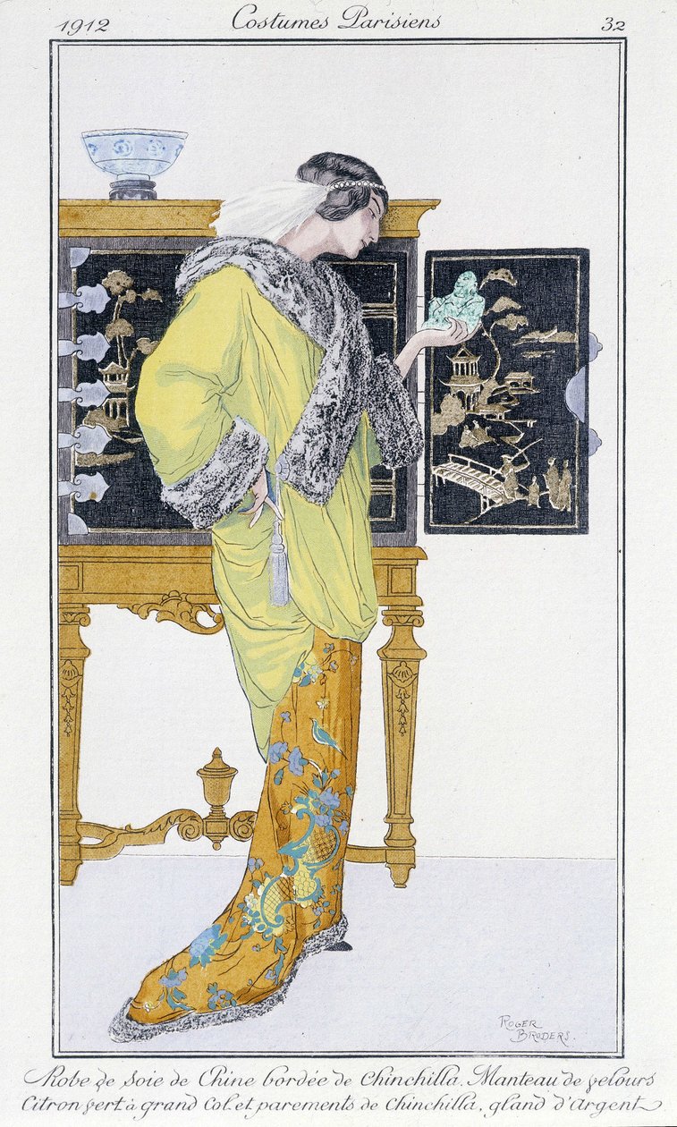Chinesisches Seidenkleid, gefüttert mit Chinchilla, Samtmantel - in "Journal des dames et de la mode: Costumes Parisiens", Nr. 32 von Roger Broders