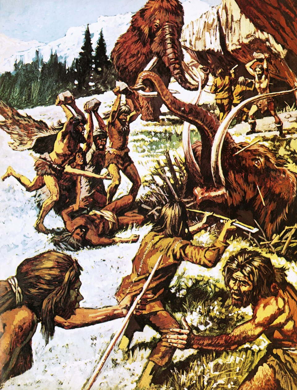 Prähistorische Menschen greifen Mammuts an von Roger Payne