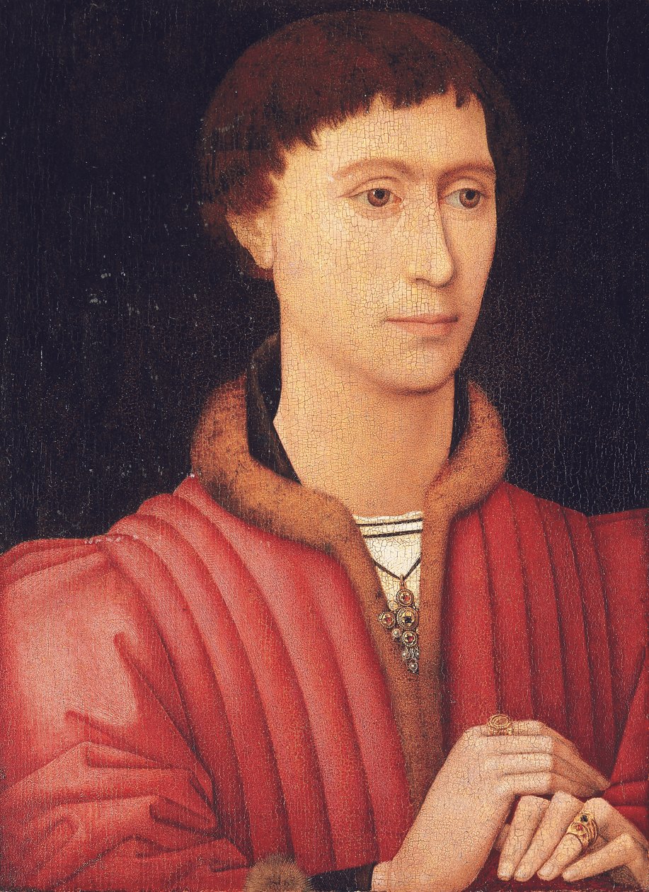 Porträt eines jungen Mannes, Brustbild, in einem pelzbesetzten roten Wams, ca. 1450-60 von Rogier van der (circle of) Weyden