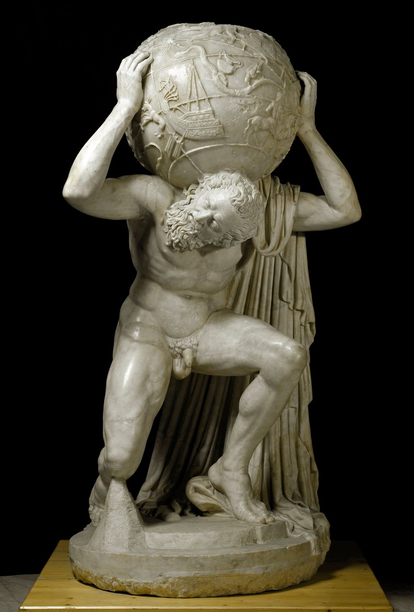 Atlas Farnese Atlas trägt den Himmelsglobus, symbolisiert astronomisches Wissen der Zeit. Römische Marmorskulptur nach einem griechischen Original. 2. Jahrhundert. Dim. 191 cm Museo Archeologico Nazionale, Neapel von Roman