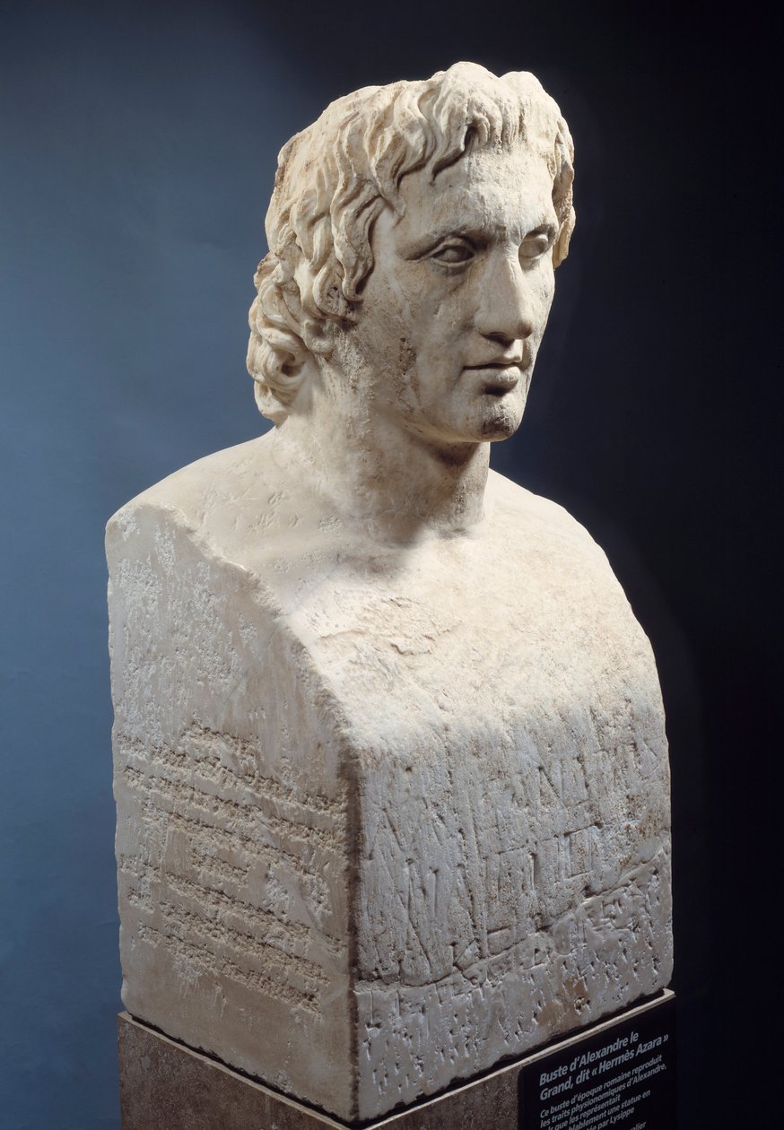 Büste von Alexander dem Großen, bekannt als „Hermes Azara“, römische Arbeit nach einer Bronzestatue von Lysippos. Um 330 v. Chr. Paris, Louvre Museum von Roman