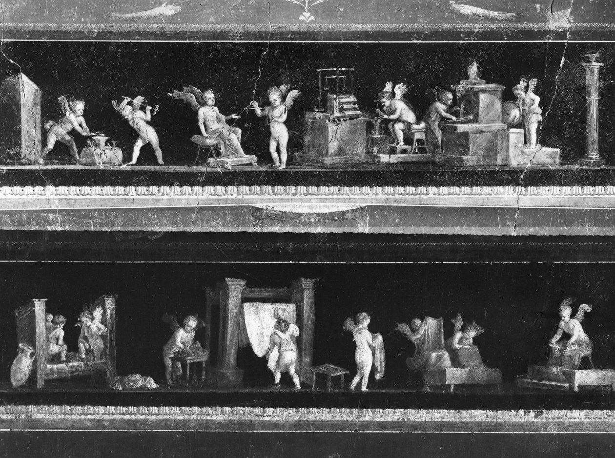 Putten machen Geld und färben Stoffe, Fries aus dem Oecus des Casa dei Vettii, ca. 50-79 n. Chr. von Roman