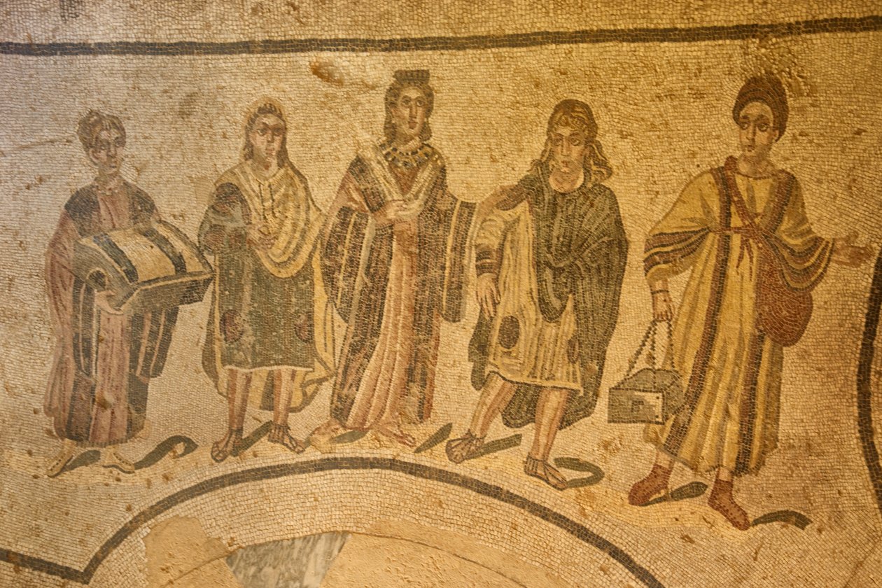 Eingang zu den Thermen, Bodenmosaik, Villa Romana del Casale, Piazza Armerina, Sizilien, Italien (Foto) von Roman
