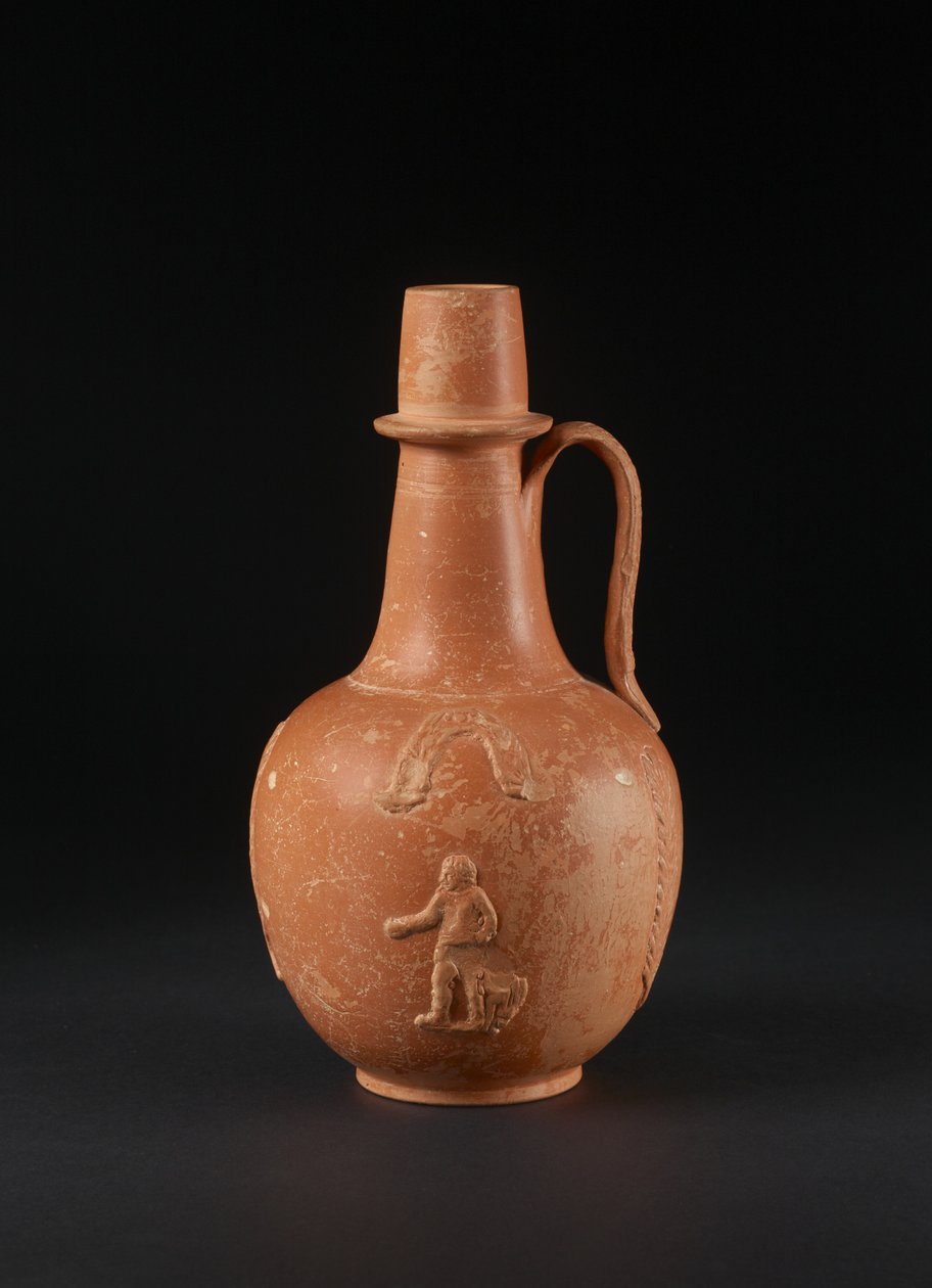 Krug mit aufgebrachter Dekoration von Mann, Vogel, Palmen und Girlanden, Nordafrika von Roman