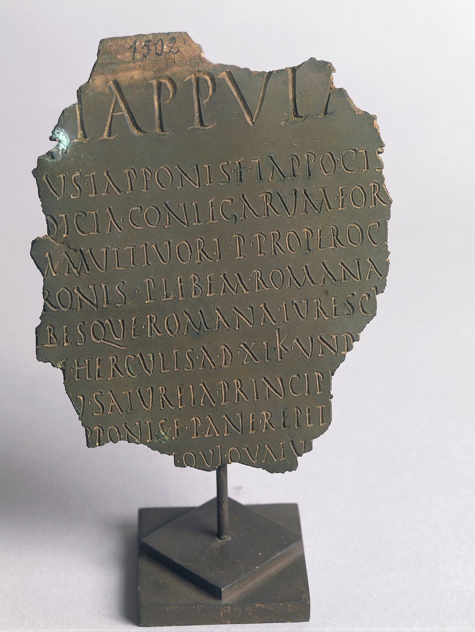 Lex Tappula, Fragment eines satirischen Gesetzes, das von einem geselligen Kreis aus Vercelli verfasst wurde, Parodie in derselben Form wie römische Plebiszitgesetze, Teil der leges conviviales, die von Festo überliefert wurden, Bronze, römische Zivilisati von Roman