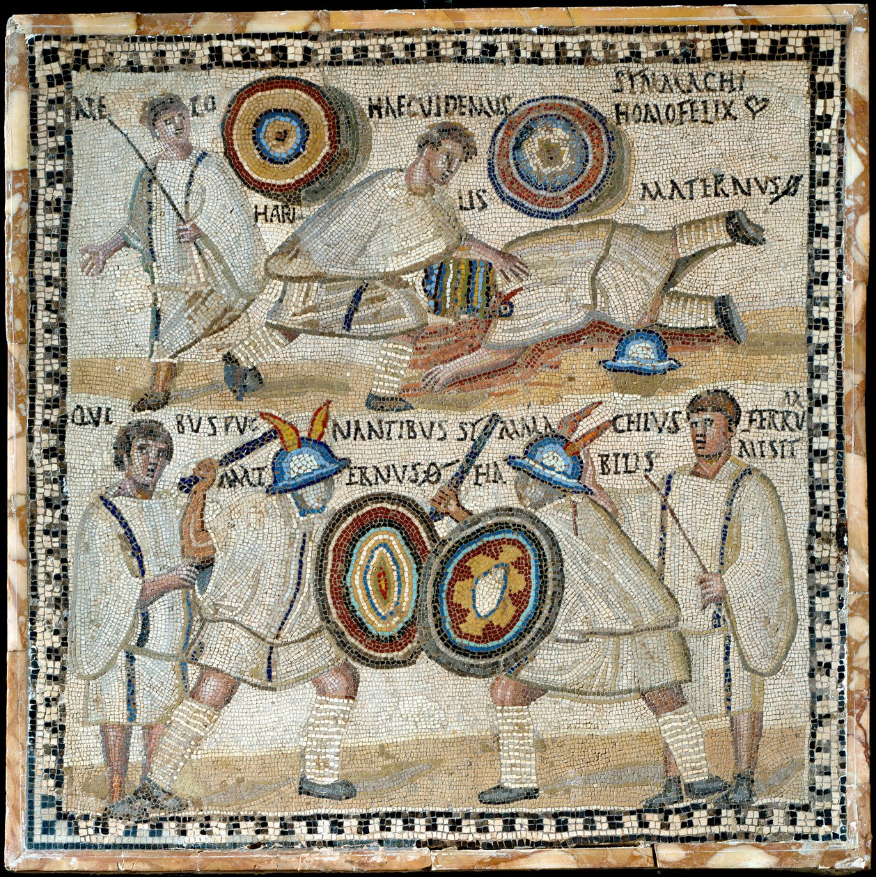 Mosaik, das den Kampf zwischen zwei Equites namens Simmachius und Maternus darstellt, römisch, 3. Jahrhundert n. Chr. von Roman