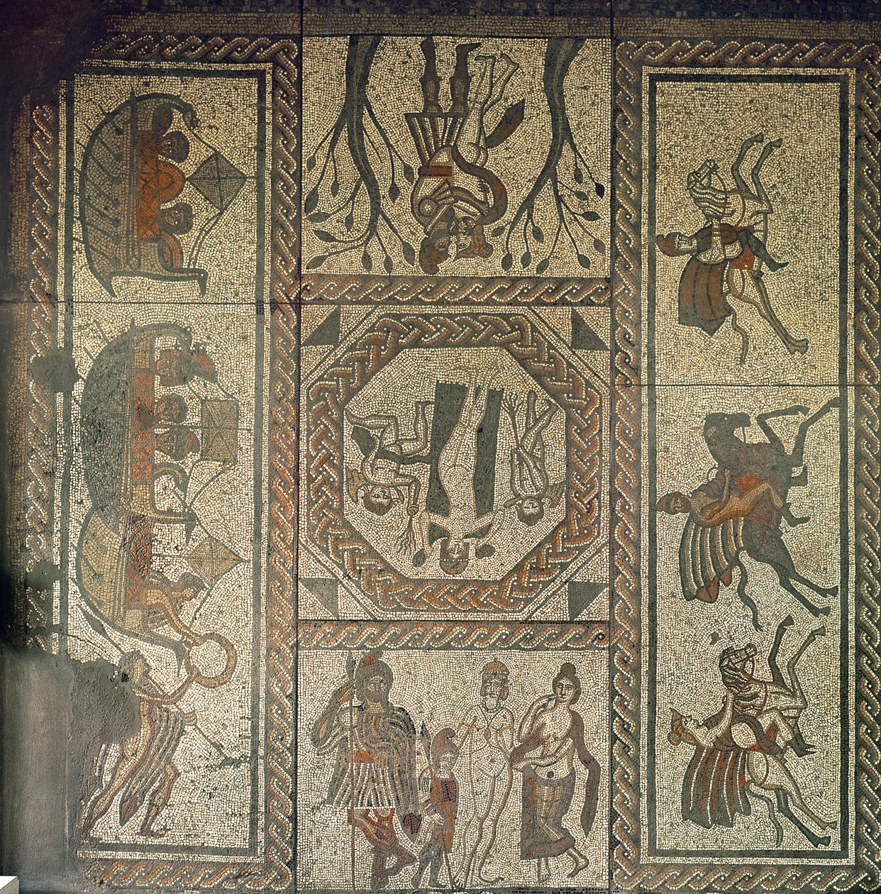 Mosaikboden aus der römischen Villa in Low Ham, der die Geschichte von Dido und Aeneas aus Vergils Aeneis darstellt, ca. 350 n. Chr. von Roman