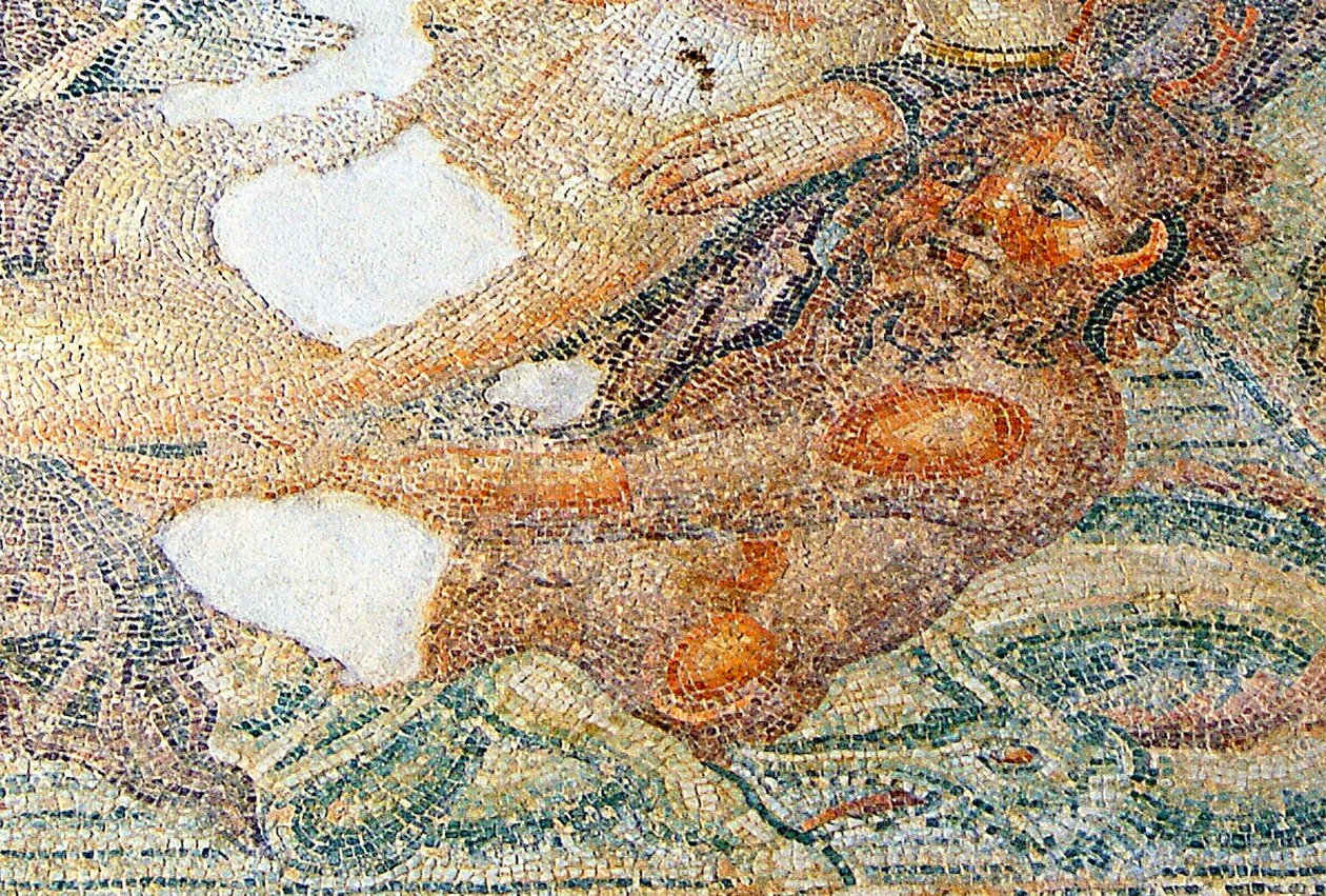 Nereiden und Bythos, Detail von Bythos, Haus des Aion, Paphos, Zypern von Roman