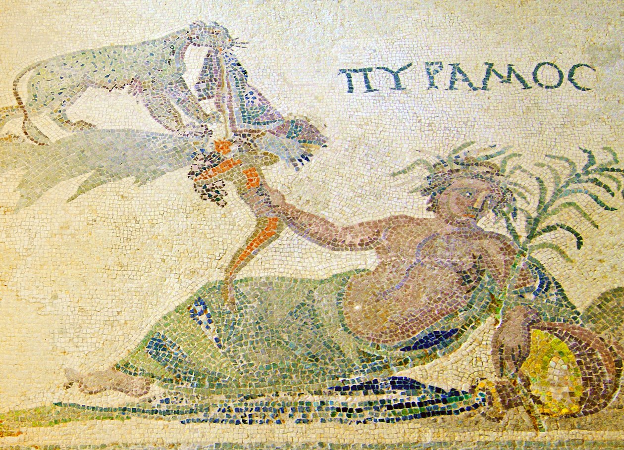 Pyramus und Thisbe, Detail von Pyramus und dem Leoparden, Haus des Dionysos, Paphos, Zypern von Roman
