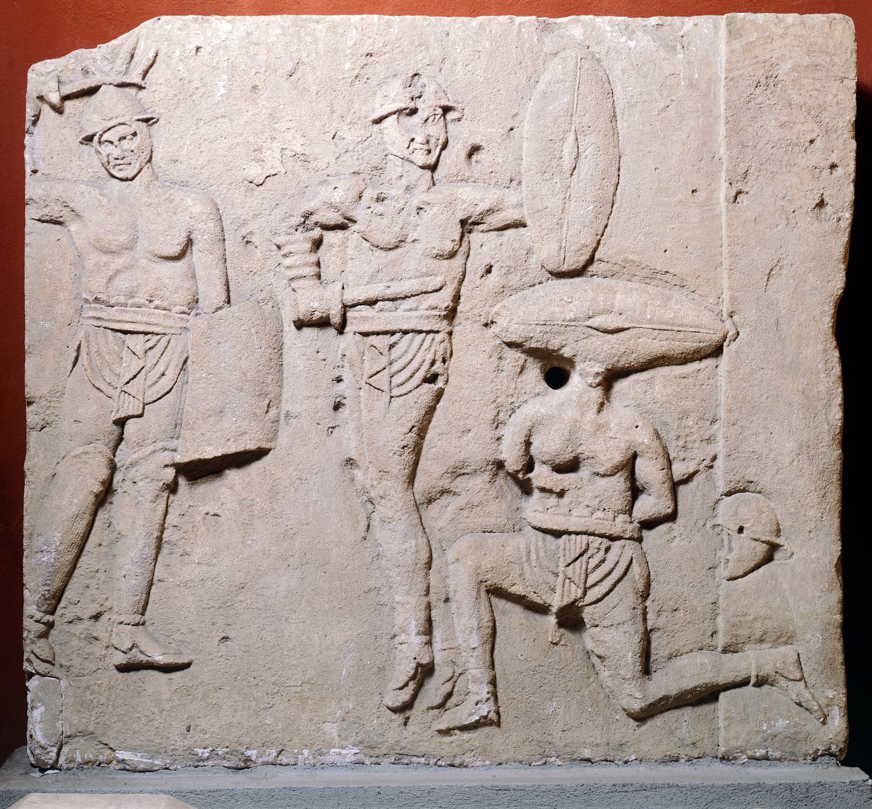 Relief, das eine Gladiatorenszene darstellt, aus dem Gebiet Due Madonne, Bologna, Römische Zivilisation von Roman