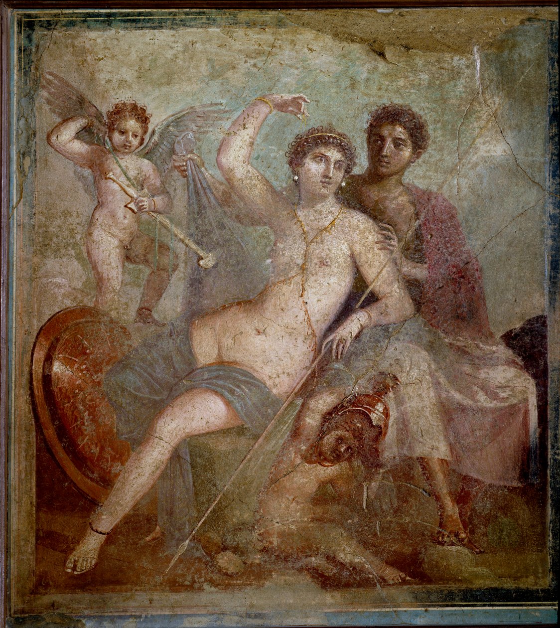 Darstellung von Ares und Aphrodite, begleitet von Liebesgöttern, die mit den Waffen des Gottes spielen. Fresko aus der Villa von Mars und Venus in Pompeji. 1. Jahrhundert n. Chr. Archäologisches Museum von Neapel von Roman