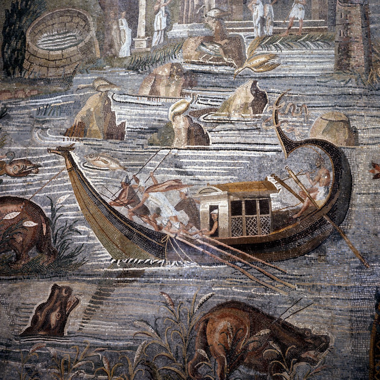 Flussschiff des 1. Jahrhunderts v. Chr. (Detail) Mosaik von Palestrina. Das Ruder ist im Heck und doppelt. Dieses Mosaik stammt aus dem Tempel des Glücks und wird heute im Barberini-Palast aufbewahrt von Roman