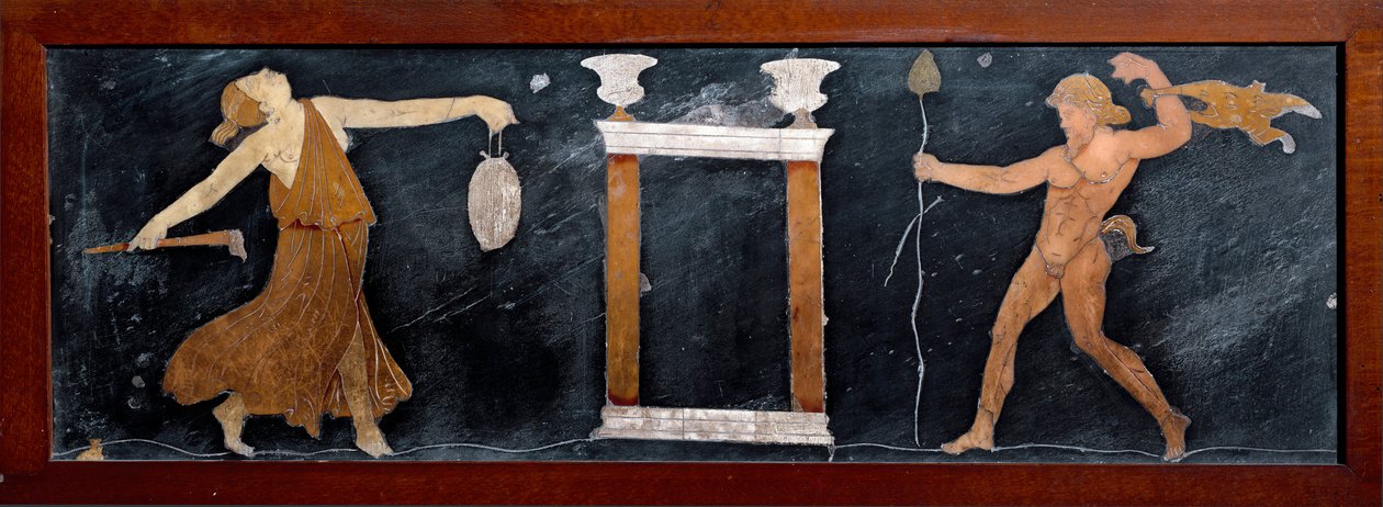 Römische Kunst: Der Tanz einer Mänade und eines Satyrs nahe einem kleinen Tempel von Roman