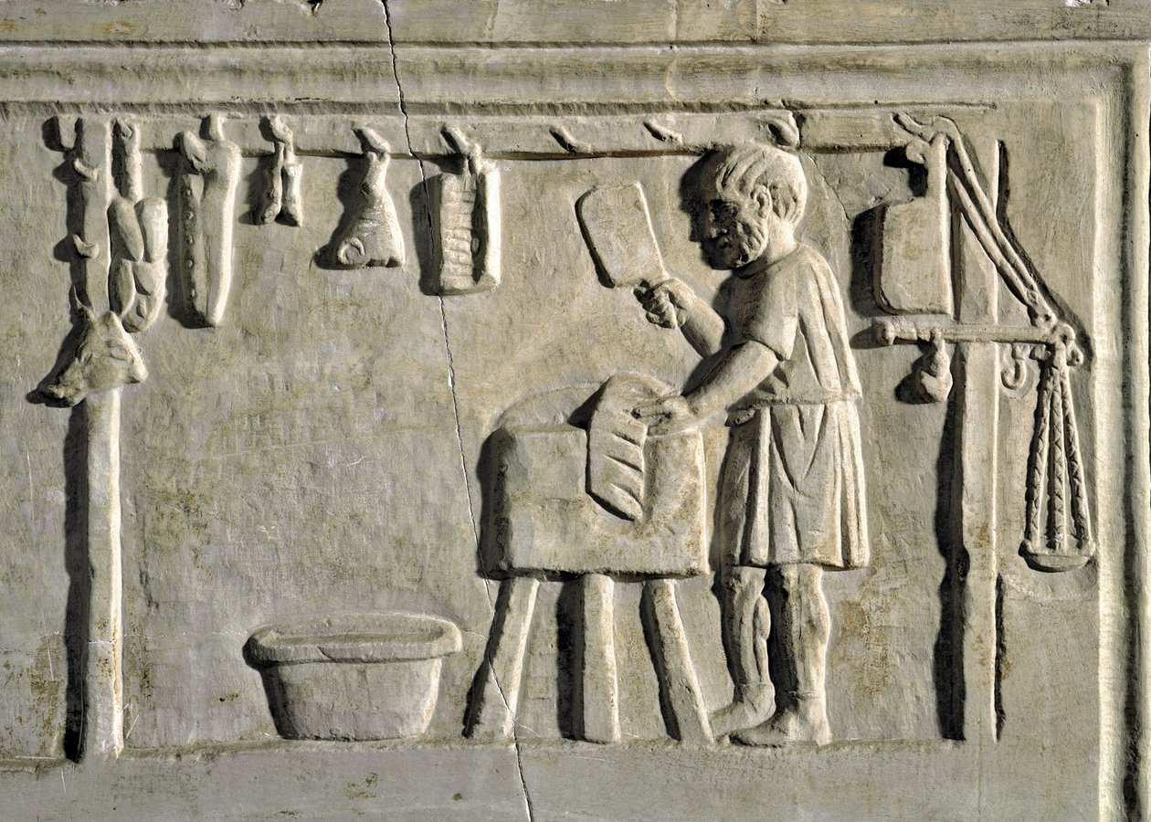 Römische Kunst: „ein Metzger in seinem Laden“ Basrelief, römische Zivilisation, 2. Jahrhundert n. Chr., Rom, Museo della Civilta Romana von Roman