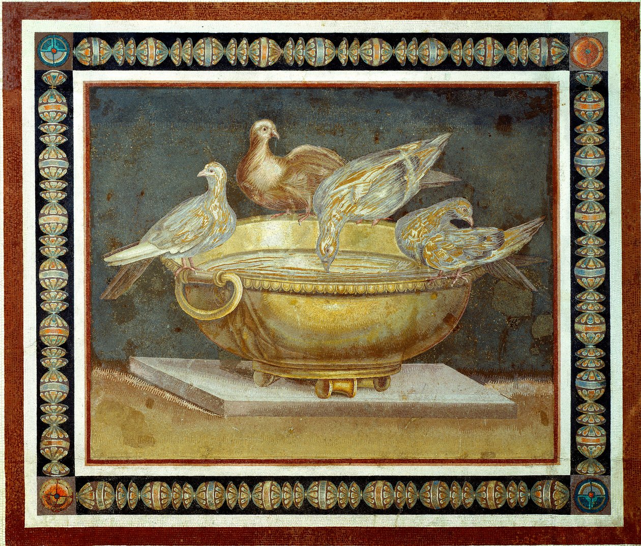Römische Kunst: Vier Tauben trinken an einem Brunnen. Mosaik aus der Villa Adriana in Tivoli. 2. Jahrhundert n. Chr. von Roman
