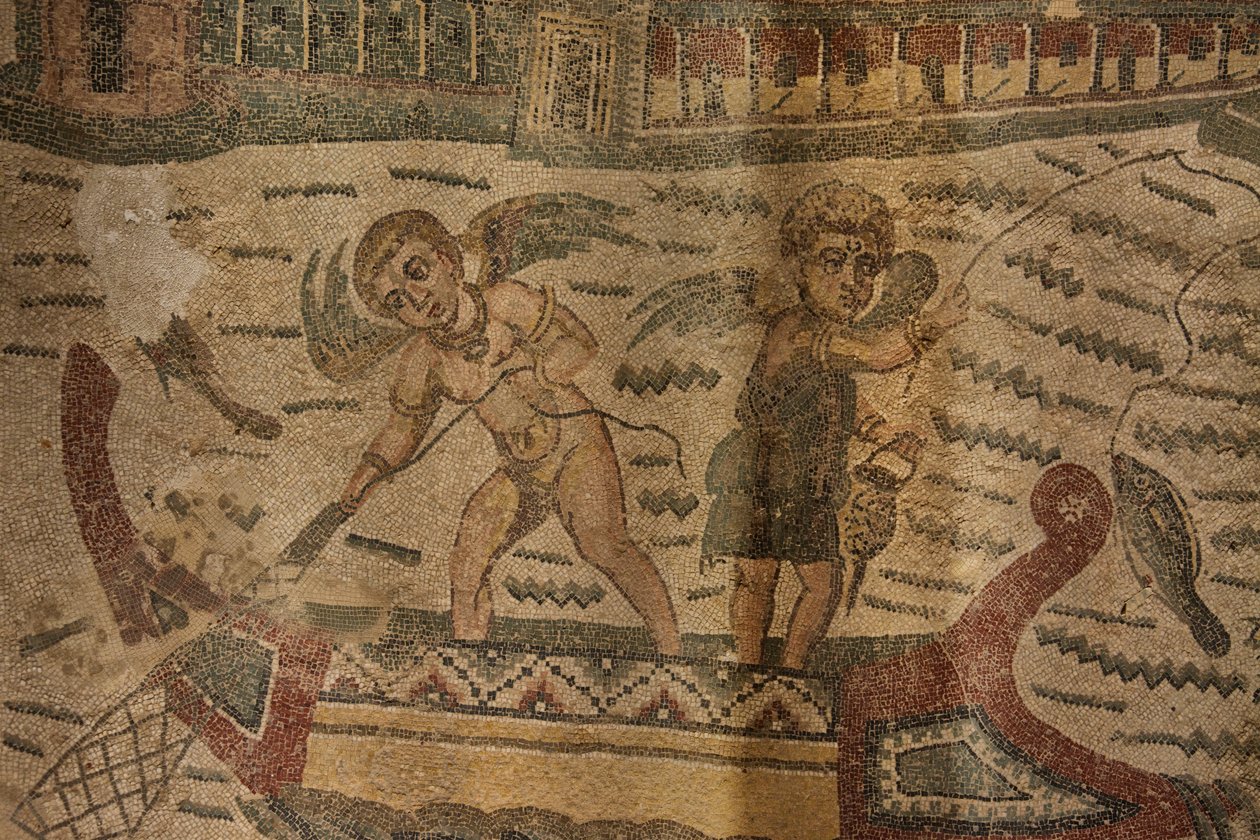 Halbkreisförmiger Portikus, Bodenmosaik, Villa Romana del Casale, Piazza Armerina, Sizilien, Italien (Foto) von Roman