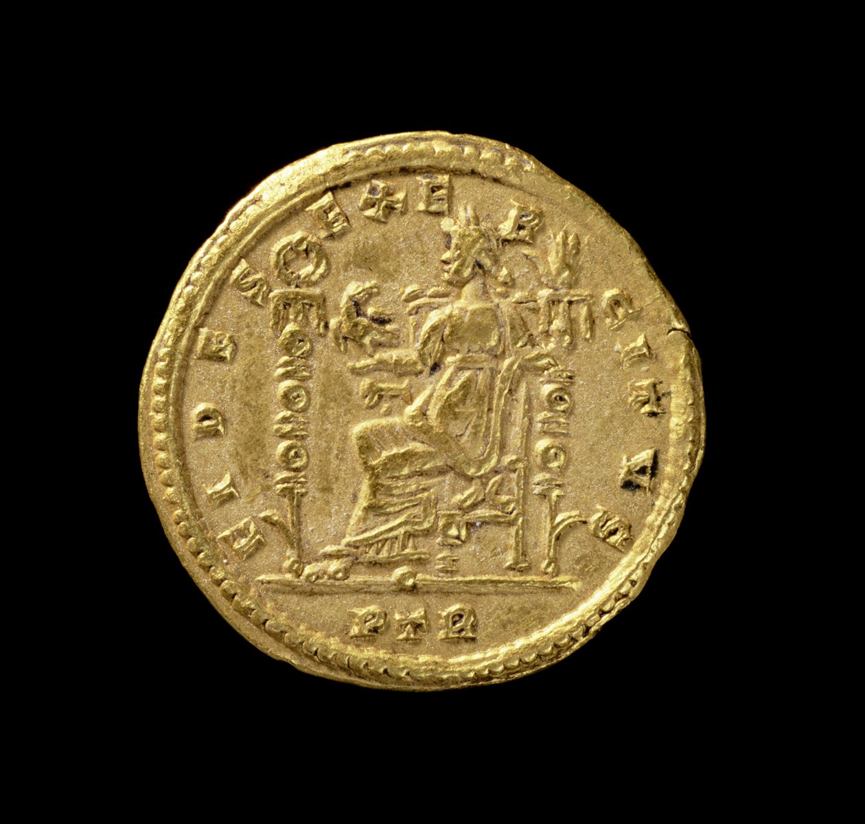 Solidus (Rückseite) von Konstantin I., der Große (306-337 n. Chr.) mit Fides, die links auf dem Thron sitzt. Inschrift: FIDES EXERCITVS von Roman