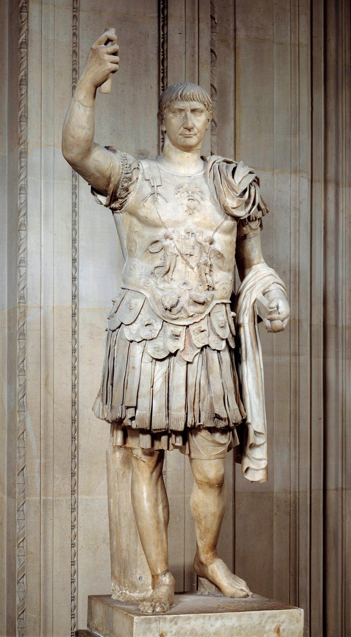 Statue des römischen Kaisers Trajan (Marcus Ulpius Traianus oder Traiano) (53-117 n. Chr.) stehend, in Rüstung. Um 108 n. Chr. von Roman
