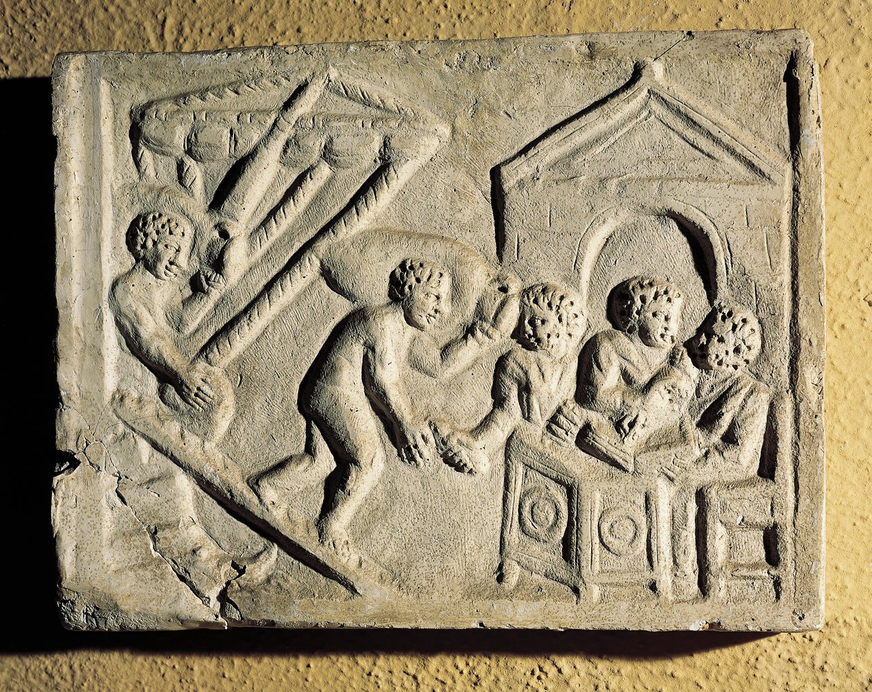 Entladen von Fracht und Hafeninspektionen, Basrelief, Römische Zivilisation von Roman