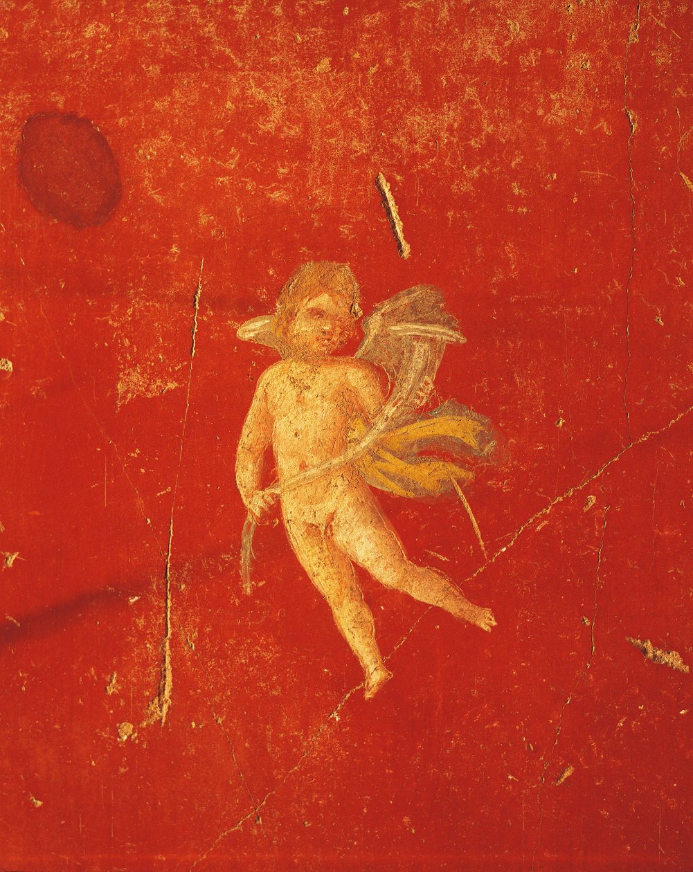 Cherub auf rotem pompejanischen Hintergrund, Fresko im vierten pompejanischen Stil, aus dem Haus des Pinario Ceriale, Pompeji, Kampanien, römische Zivilisation von Roman Roman