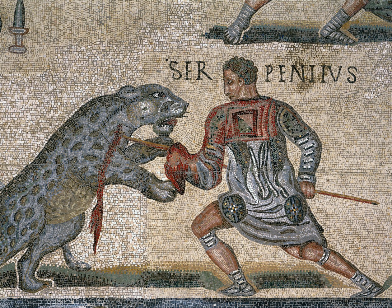 (Detail) eines Mosaiks eines Gladiatorenkampfes, ursprünglich aus Torre Nuova von Roman Roman