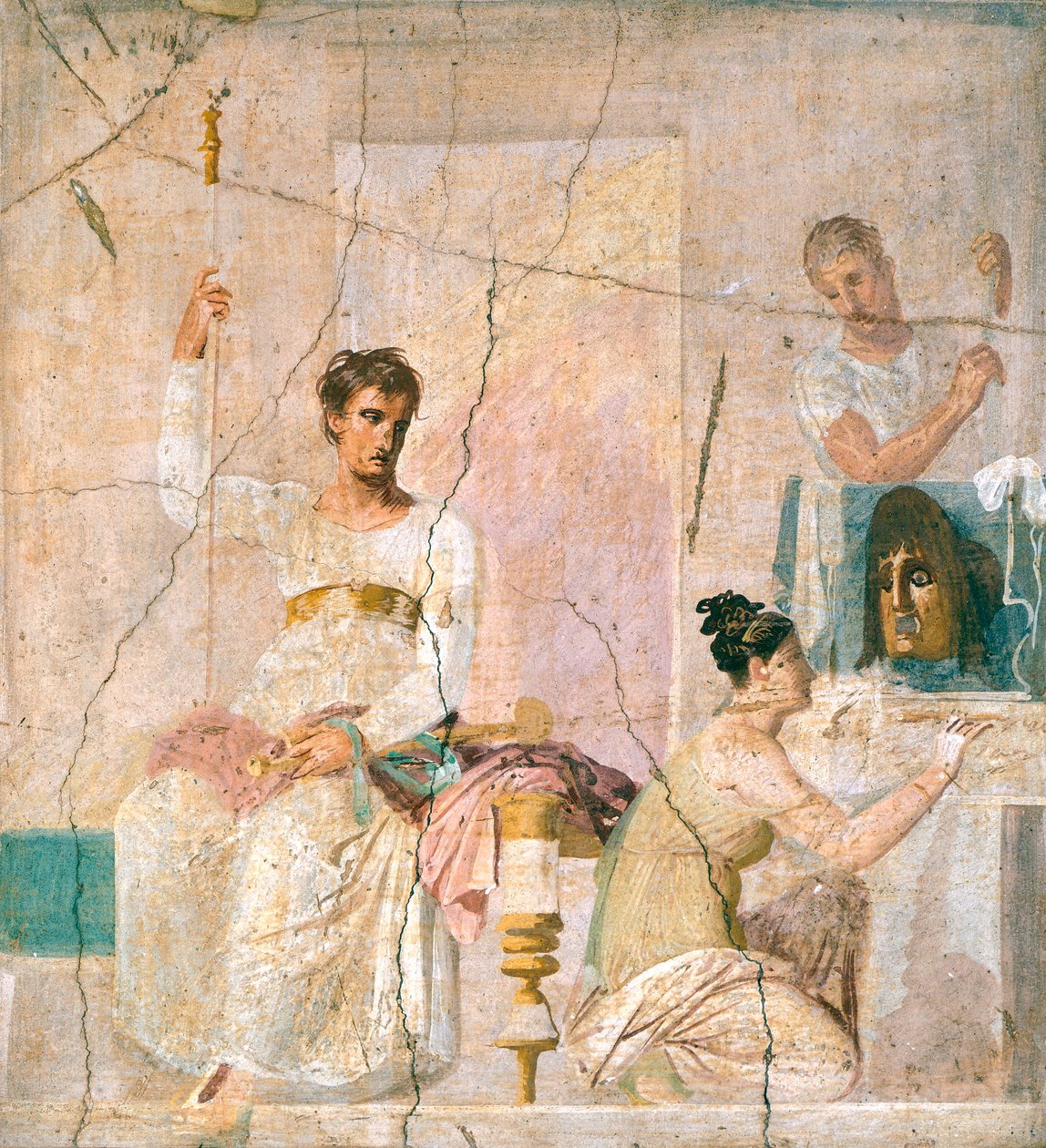 Fresko, das eine Theaterszene darstellt, aus der Basilika von Herculaneum (UNESCO-Welterbe) von Roman Roman