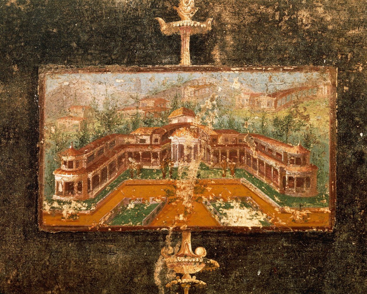 Landschaft und Architektur in Wandmalerei im Tablinum, 3. pompejanischer Stil, Haus des Marco Lucrezio Fronto, aus Pompeji, Kampanien, Italien von Roman Roman