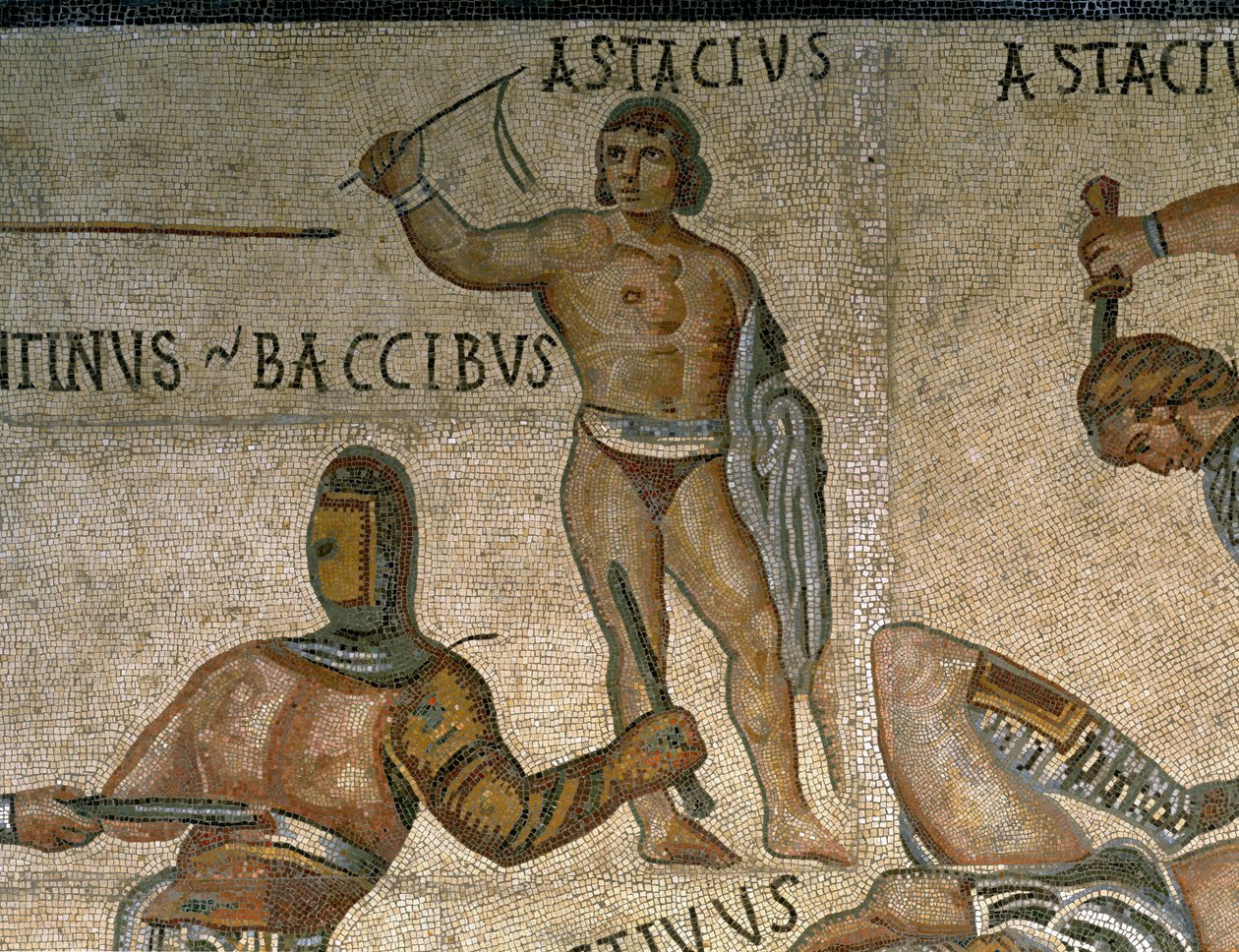 Mosaik mit einer Szene kämpfender Gladiatoren, (Detail) eines Gladiators in Rüstung von Roman Roman