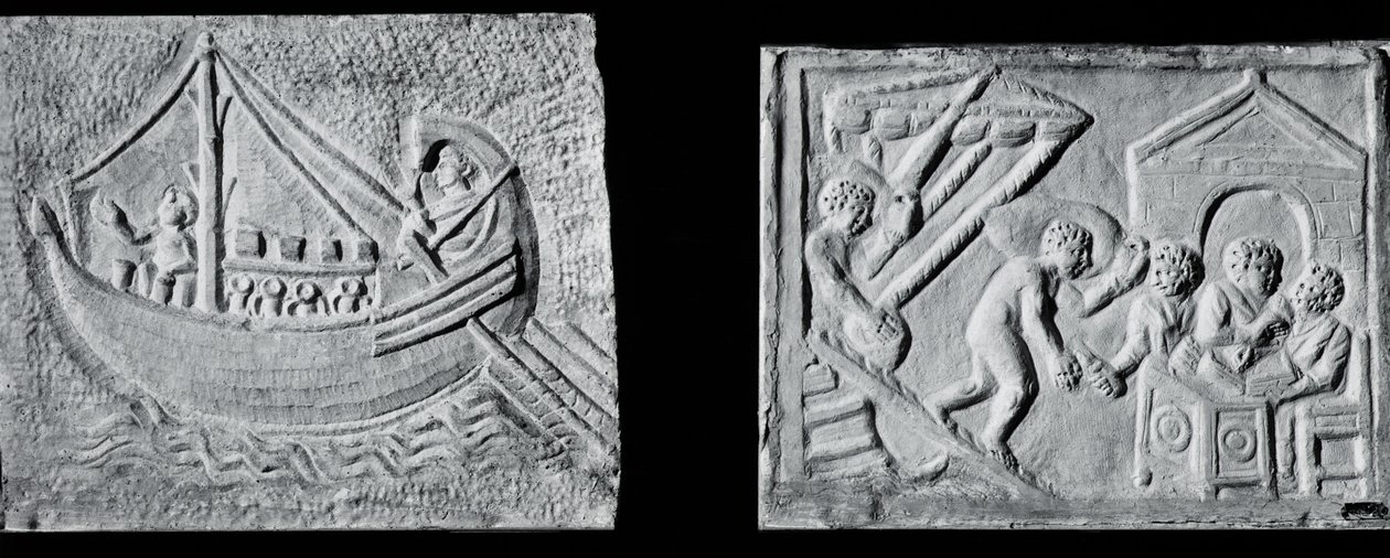 Relief, das ein Handelsschiff darstellt (Museo Nazionale, Rom) und Relief, das das Entladen eines Schiffes darstellt (Museo Torlonia, Rom) 3. oder 4. Jahrhundert von Roman Roman