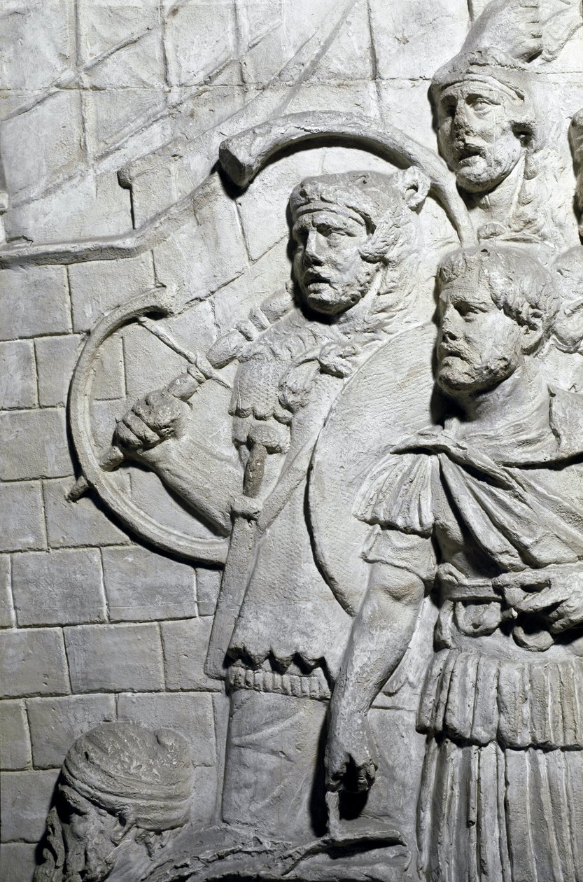 Römische Kunst: Römische Krieger während des ersten Krieges in Dakien. Abguss von 1862, der die Basreliefs der Trajanssäule (Colonna Traiana) in Rom reproduziert, erbaut während der Herrschaft von Kaiser Trajan (53-117). Die Trajanssäule erinnert an die von Roman Roman