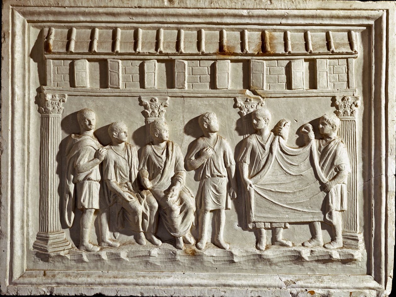 Römische Kunst: Reliefabguss, der ein Gewebe und Wandteppiche darstellt. Nach einem Original aus dem 2. Jahrhundert n. Chr. von Roman Roman