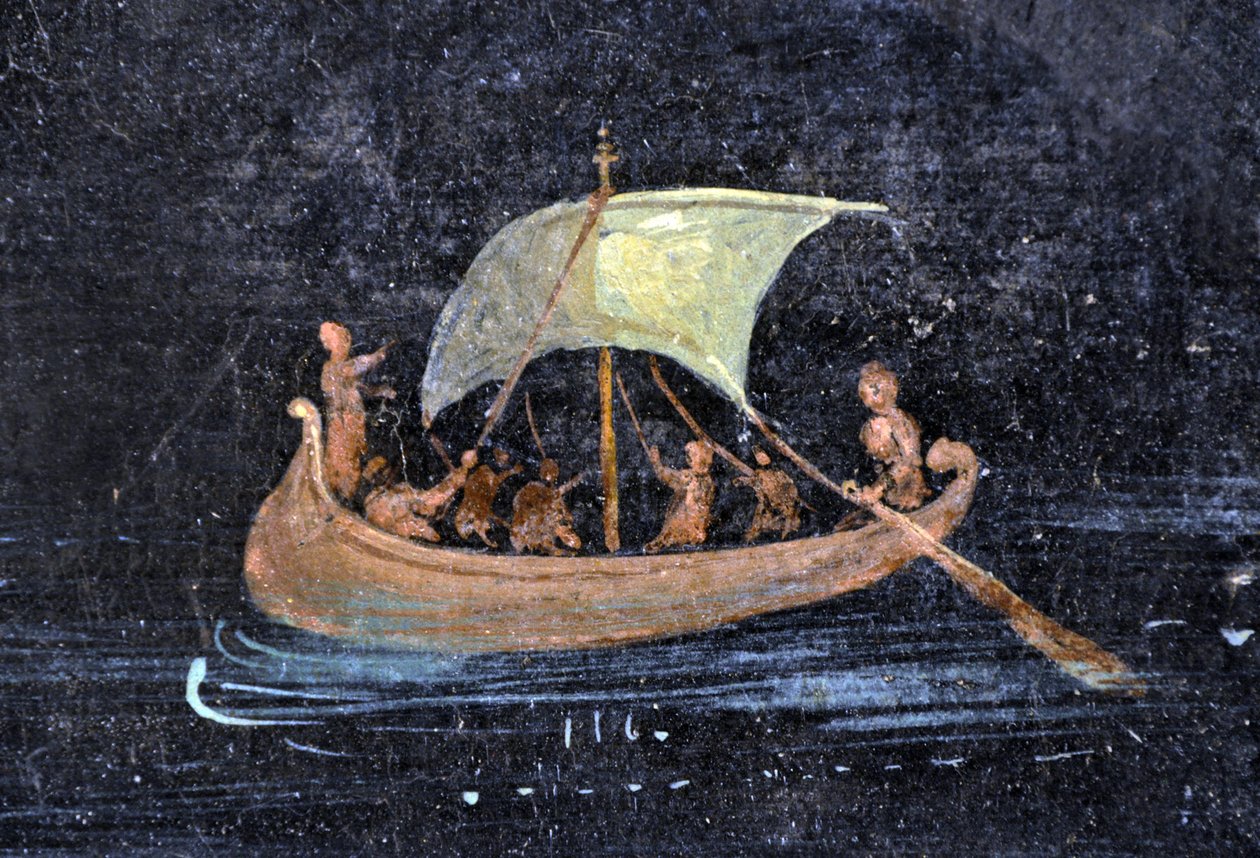 Römische Kunst: Flussszene - Boot und Matrosen auf einem Fluss - Fragment eines Pompeji-Freskos im Archäologischen Museum von Neapel, Italien von Roman Roman