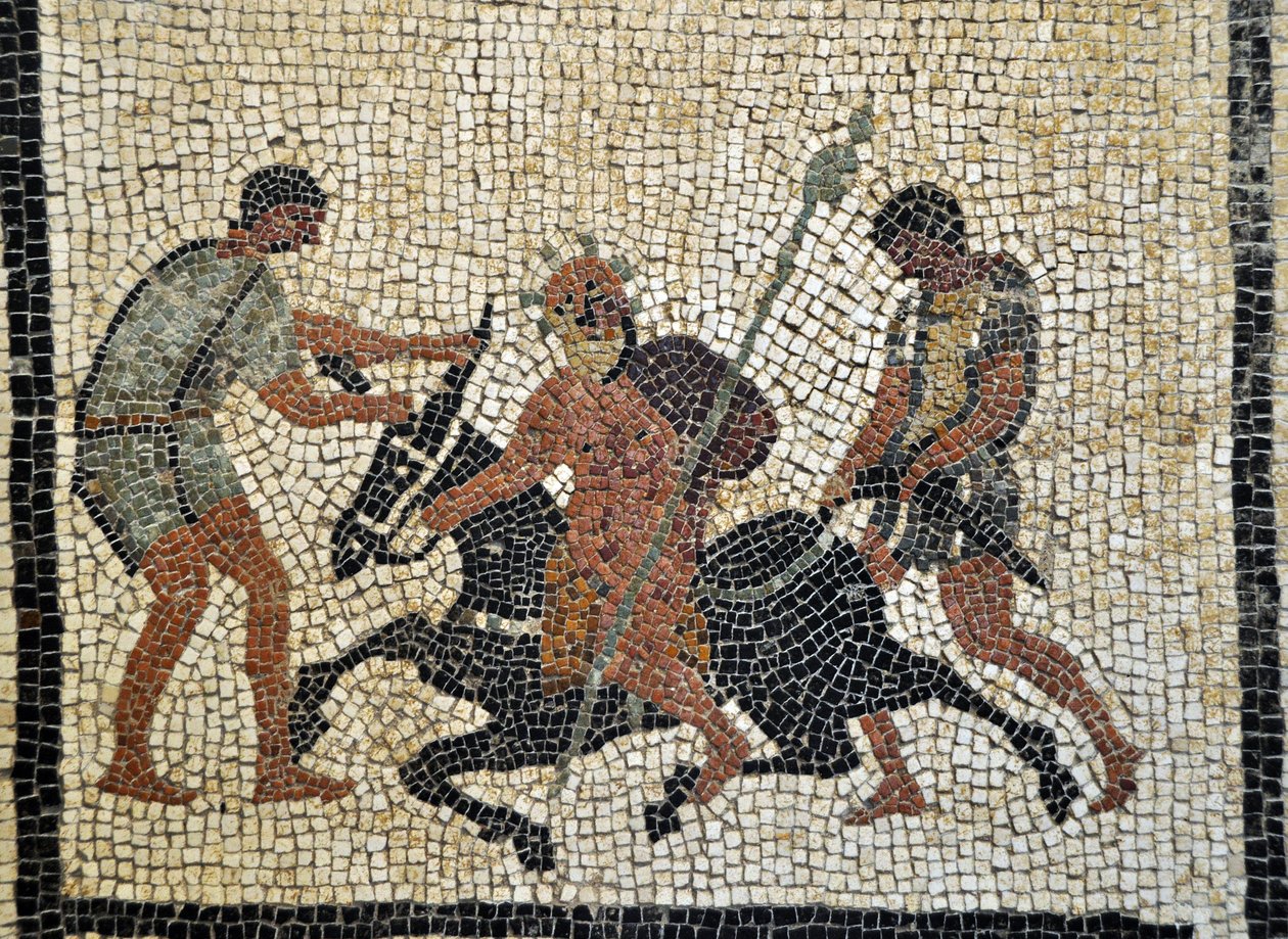 Sileno ebbro: Betrunkener Silen reitet auf einem Esel, gehalten von zwei Dienern. Mosaik aus Pompeji, Haus des Paquius Proculus oder C. Cuspius Pansa - Archäologisches Museum von Neapel, Italien - Museo Archeologico Nazionale, Napoli, Italia - Foto Patrice von Roman Roman