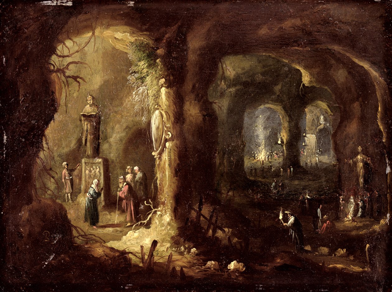 Grotte mit Statuen und zahlreichen Figuren, die Idole anbeten (St. Simeon Stylites), ca. 1640 von Rombout van Troyen