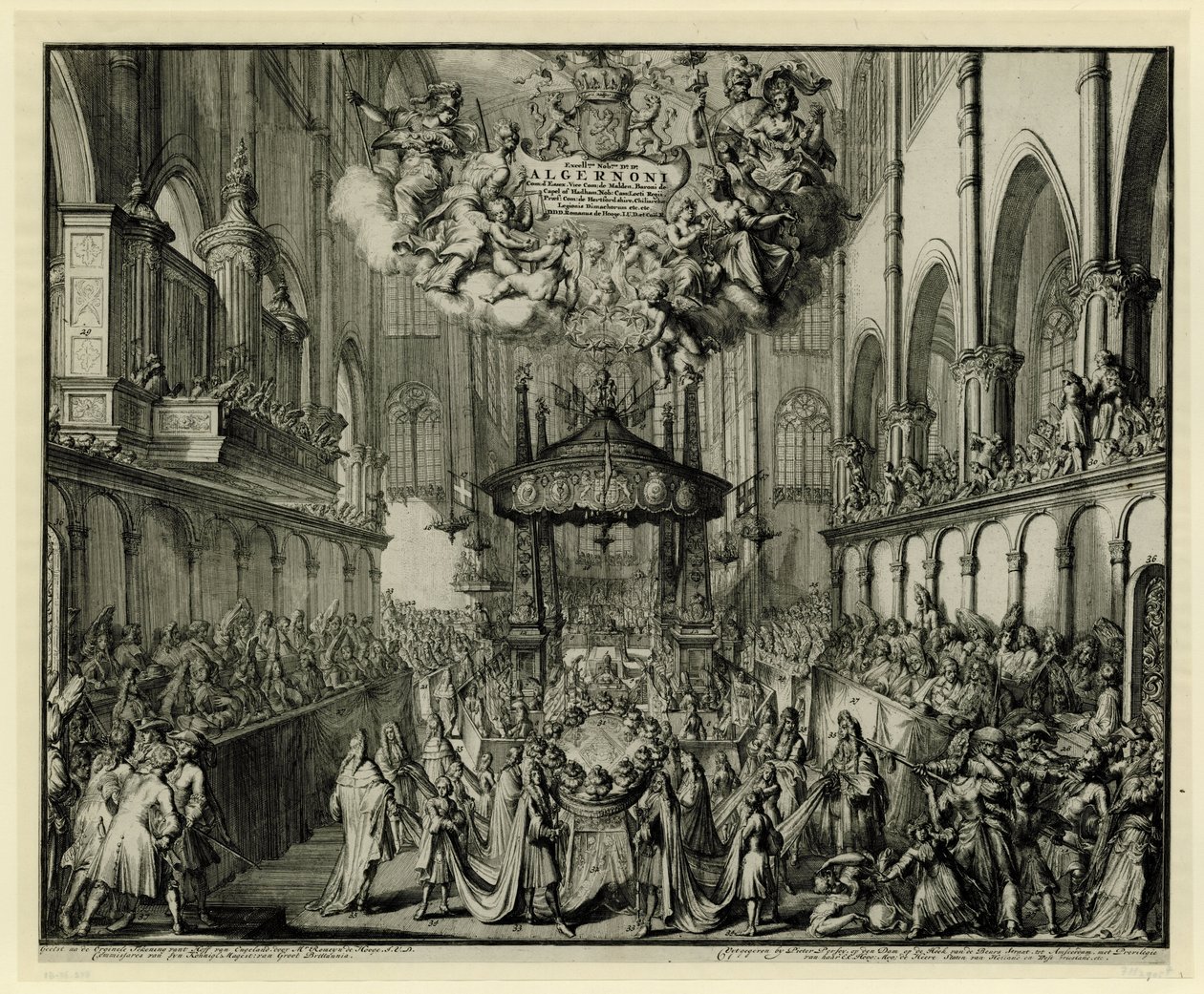 Chor der Westminster Abbey mit der Trauerfeier für die Königin, 1695 von Romeyn de Hooghe