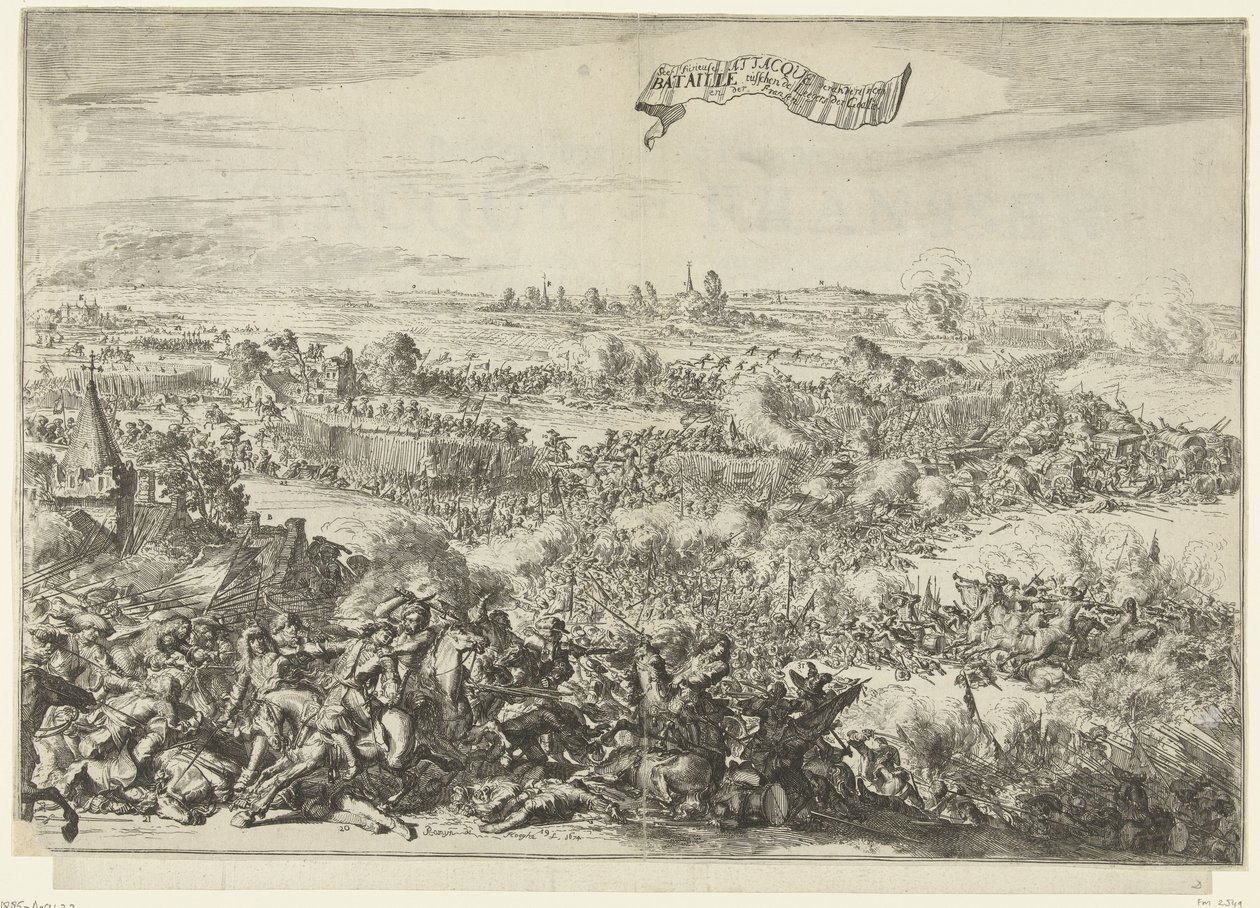 Schlacht bei Seneffe, 1674
Beschreibung des furiosen Angriffs der Franzosen auf das Gepäck der Alliierten von Romeyn de Hooghe
