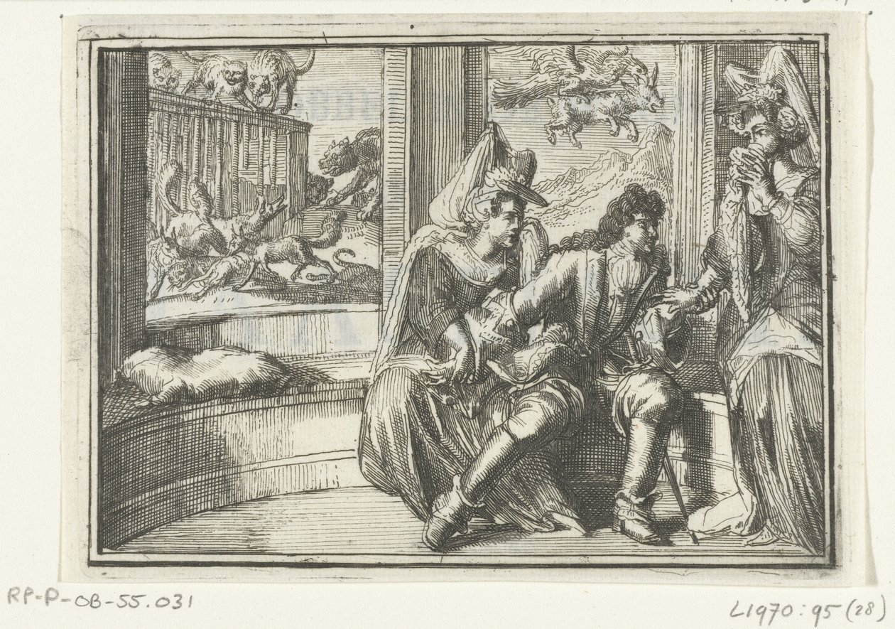 Titelblatt für das Pamphlet: De Hobbel in de Wacht, op de Haasejagt, 1702 (Serie: Esopus in Europa) von Romeyn de Hooghe