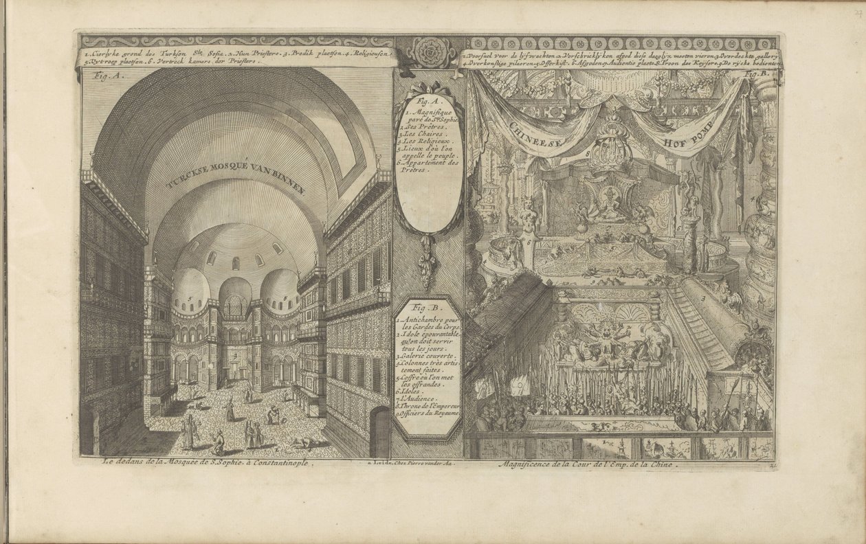 Türkische Moschee in Konstantinopel; Kaiserlicher Hof in China (Les Indes Orientales et Occidentales) von Romeyn de Hooghe