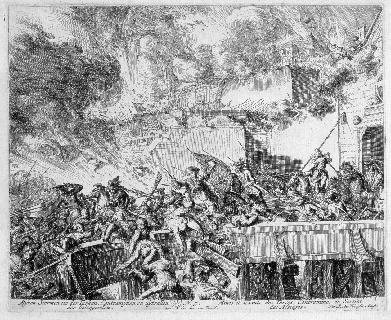Wiener Druckzyklus, Explosion einer Mine und Gegenmine, Überfall auf die Türken, 1683 von Romeyn de Hooghe