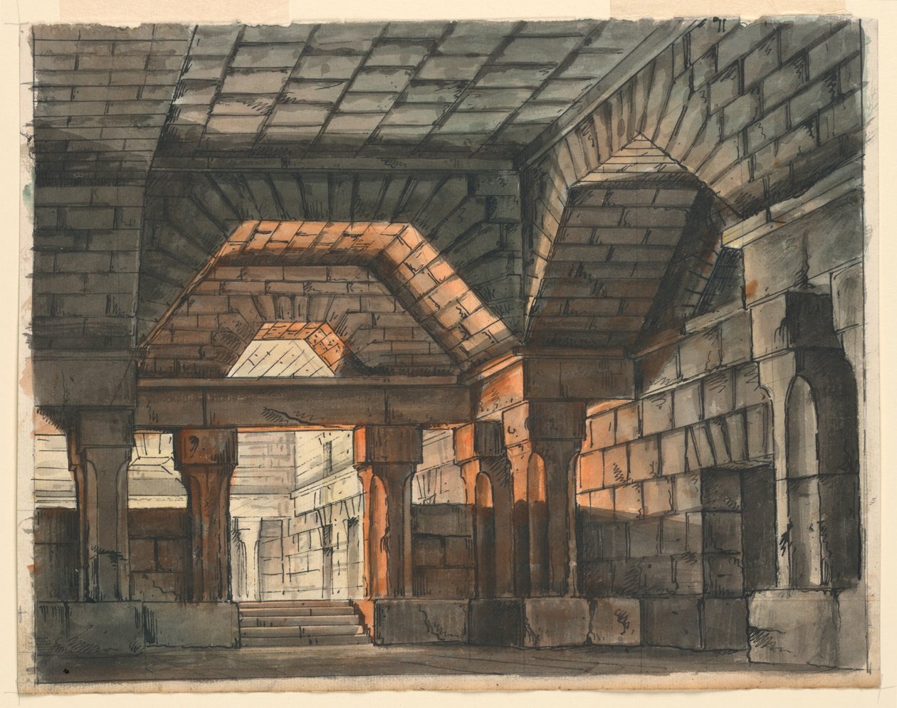 Bühnenbild, befestigtes Schlossinnere für "Ciro in Babilonia" von Gioachino Rossini, La Scala, Mailand, 1818, "Prigione Sotterranea" von Romolo Achille Liverani