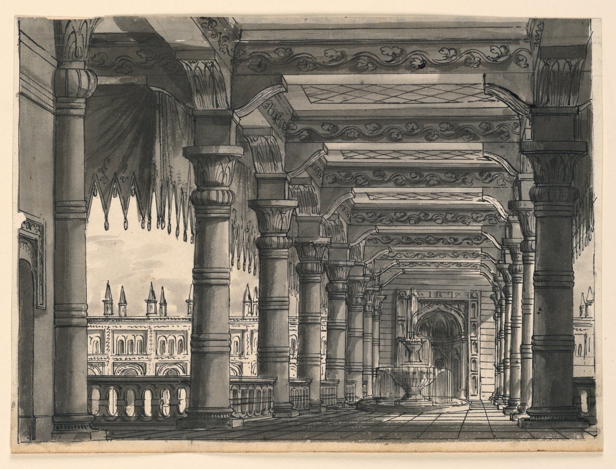 Bühnenbild, Loggia mit Brunnen in einem orientalischen Palast von Romolo Achille Liverani