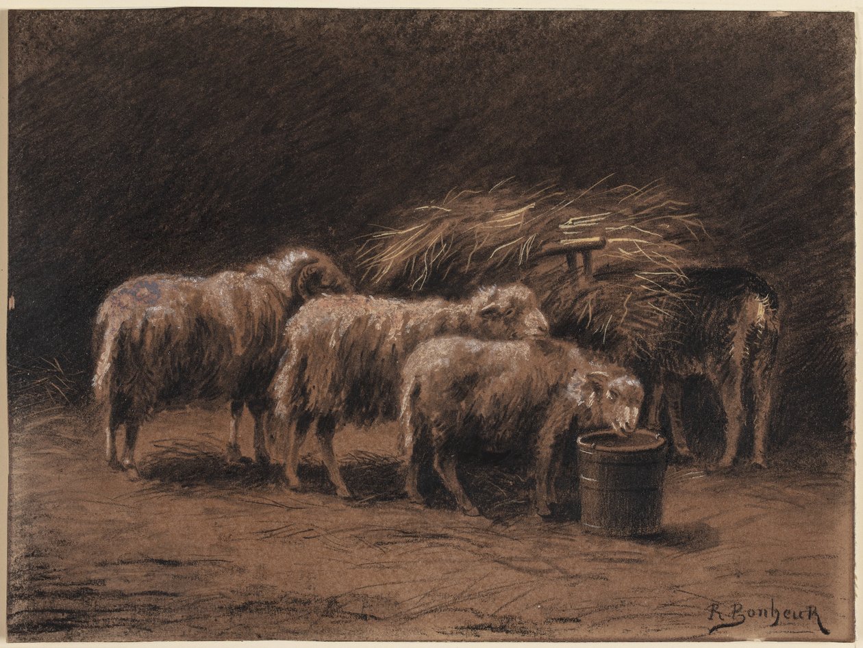 Ein Paar Schafe und ein Widder im Stall von Rosa Bonheur