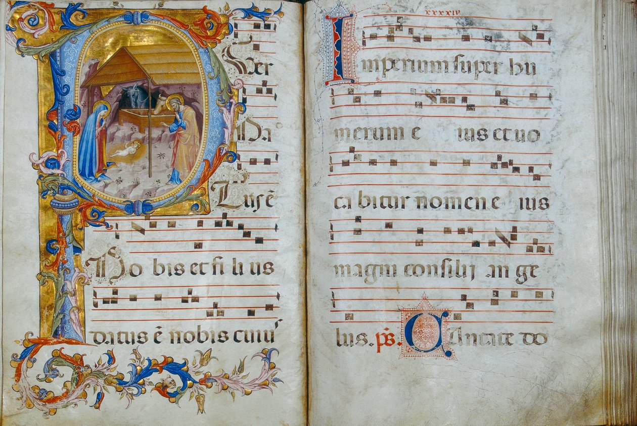 Chorbuch „D“, ausgestellt in der Kathedrale von Santo Stefano: eine historiierte Initiale, die die Geburt Christi darstellt, ca. 1429-35 von Rossello di Jacopo Franchi