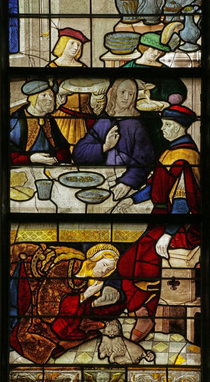 Fenster, das die heilige Maria Magdalena darstellt, wie sie Christi Füße wäscht, 1500-10 von Rouen School