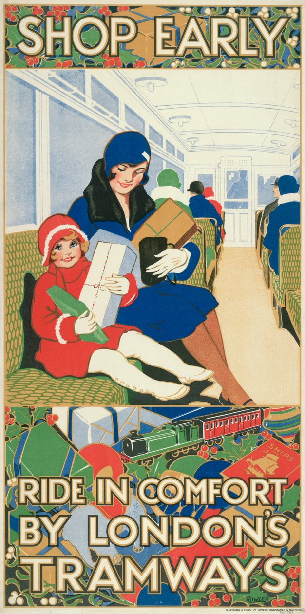 Kaufen Sie früh ein, fahren Sie bequem mit den Straßenbahnen Londons, London County Council Tramways Poster, 1928 von Rowles