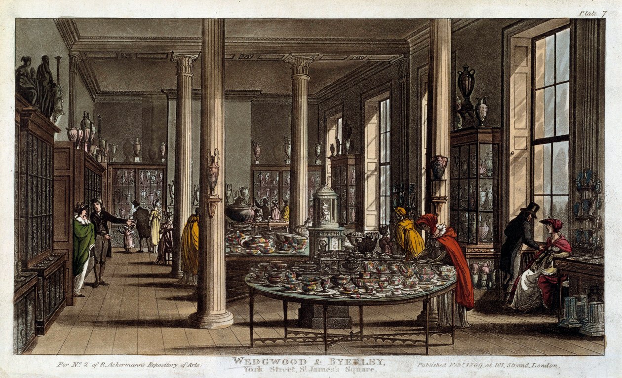 Innenansicht eines Wedgwood-Porzellangeschäfts in London, Lithographie von R. Ackermann von Rudolph Ackermann