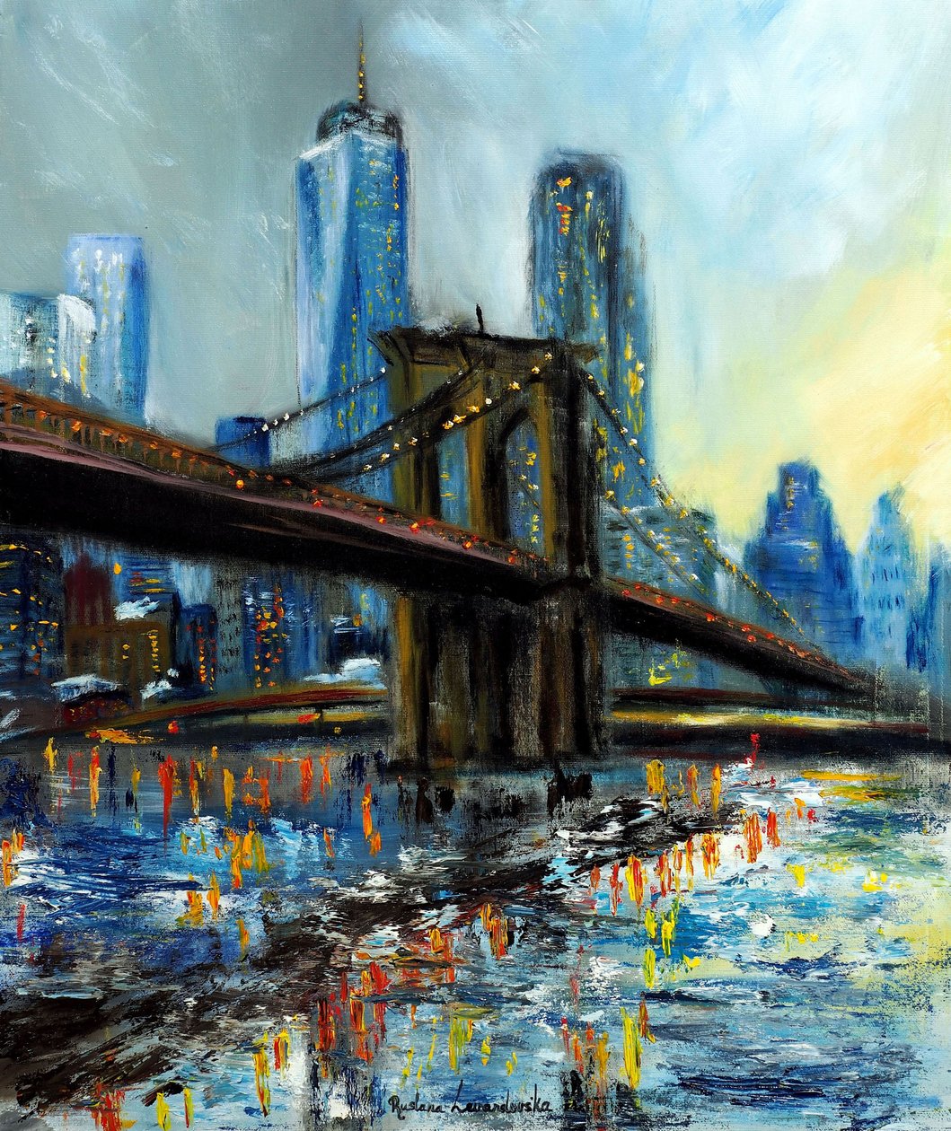 Brooklyn Bridge Blick auf Manhattan, 2022 von Ruslana Levandovska